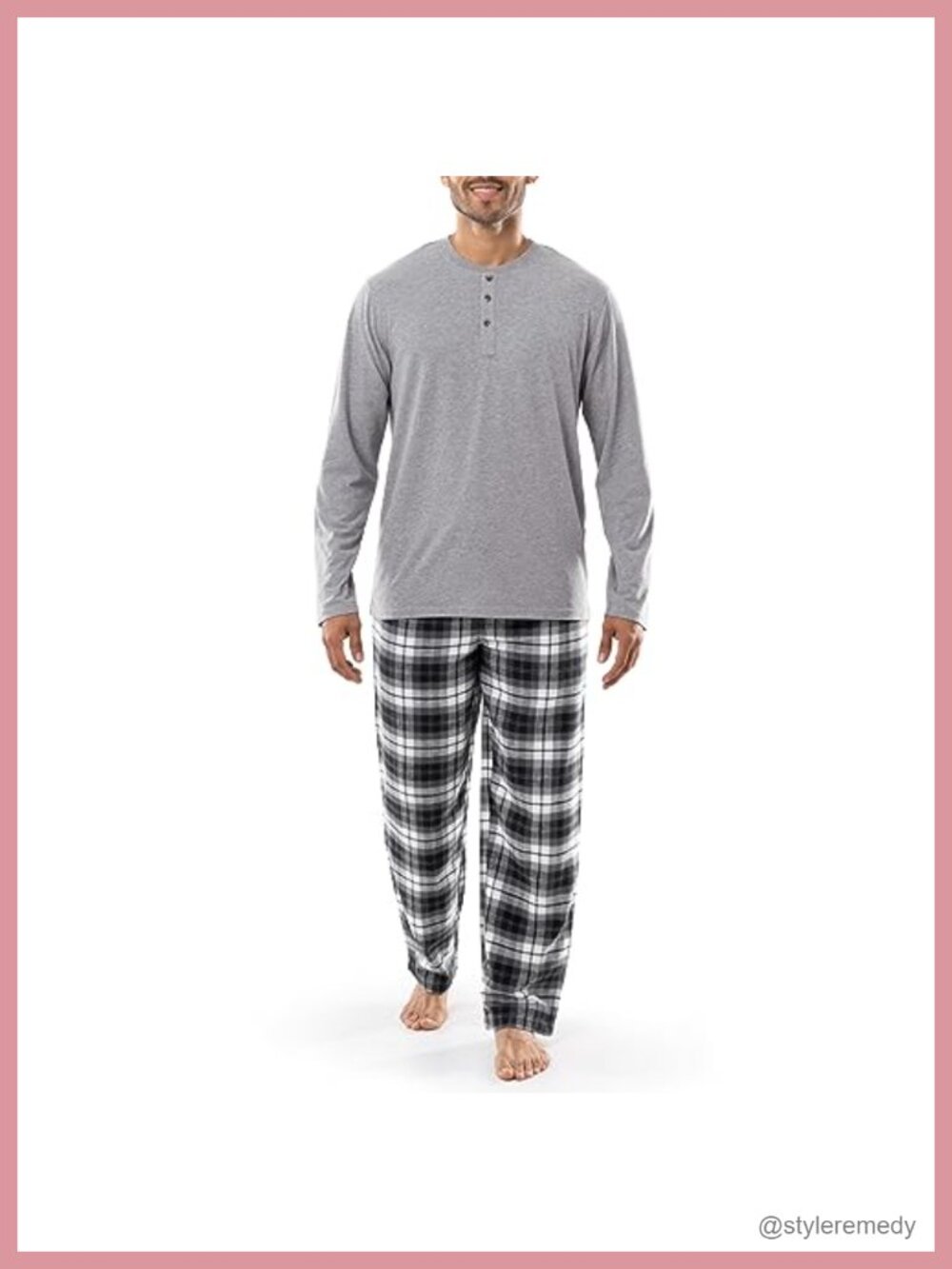 Men's Jersey Henley and Flannel Pant Pajama Set Sleepwear Lounge